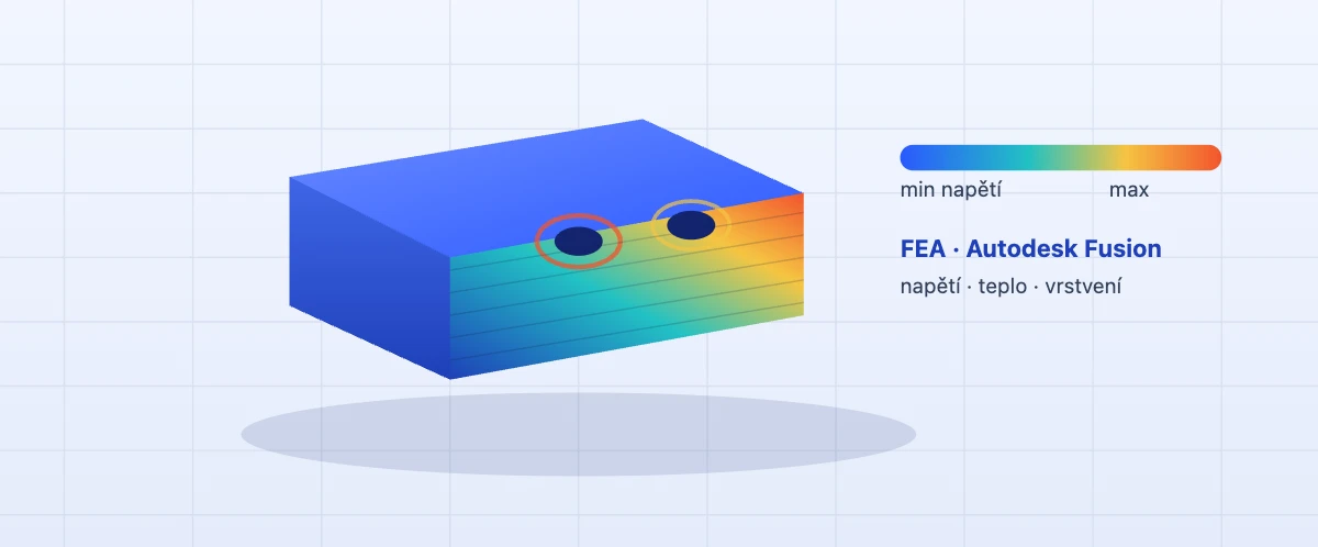 Simulace napětí dílu v Autodesk Fusion – FEA teplotní mapa